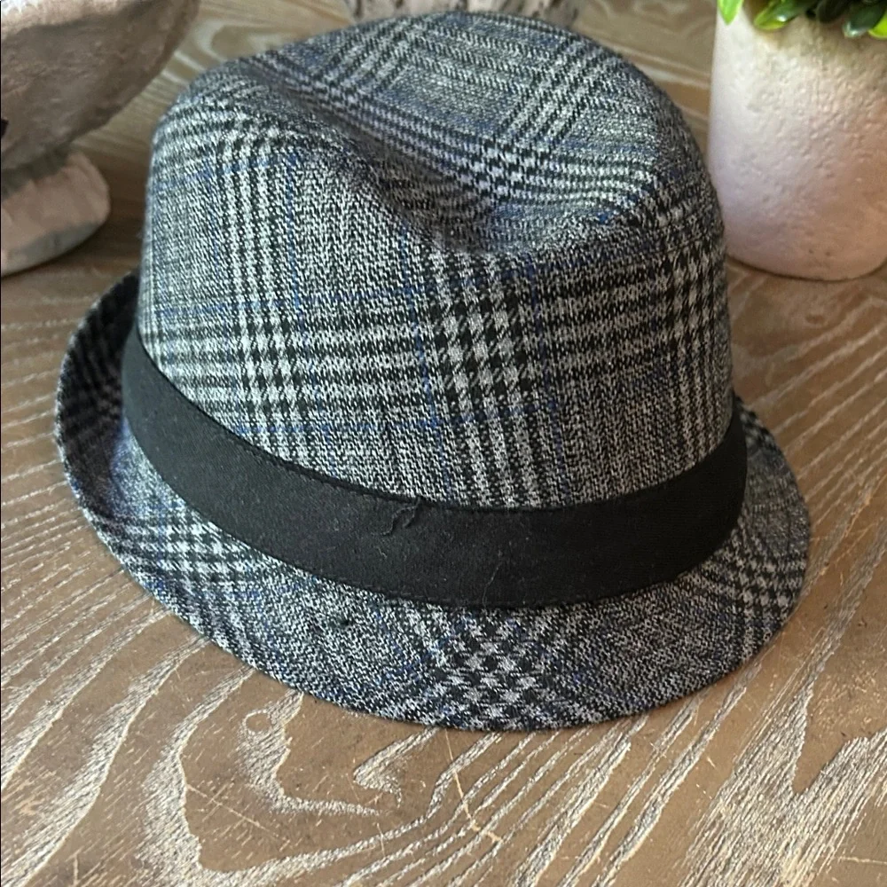 Boys Stylish Black Gray & Blue Plaid Fedora Hat 7/8